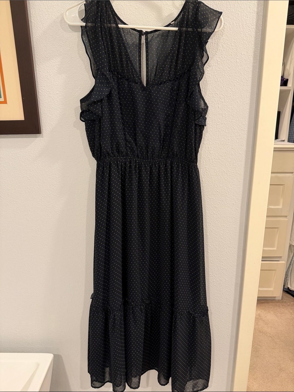 Chiffon Polka Dot Ruffle Midi Dress - Navy with Olive Green Polka Dots